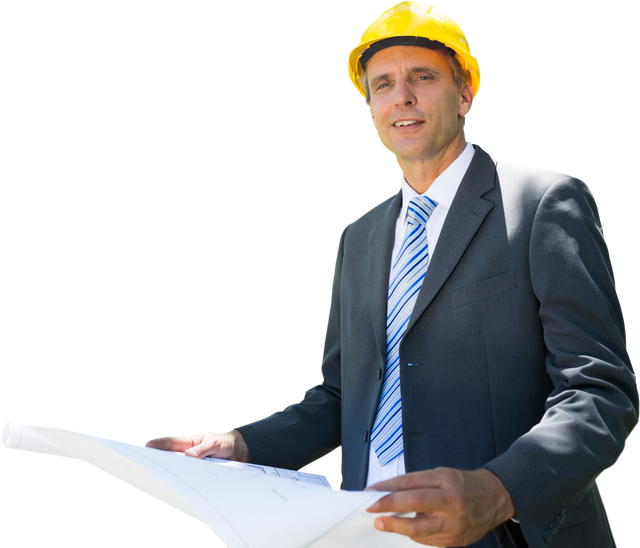 Transparent Smiling Architect Holding Blueprint in Suit and Hard Hat - Download Free Stock Videos Pikwizard.com