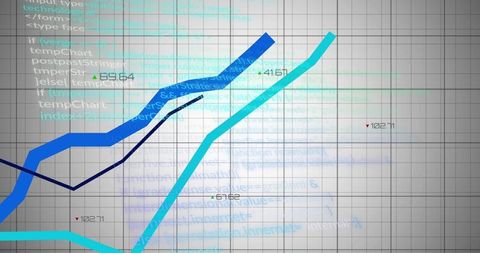 Rising cyan and blue trend lines showing analytics with code overlay on gray grid dashboard
