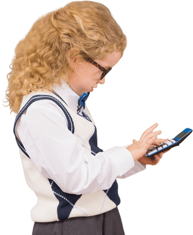 curly-haired schoolgirl focused on calculator transparent background - Download Free Stock Videos Pikwizard.com