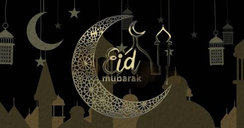 Eid Mubarak Celebration with Crescent Moon and Lanterns - Download Free Stock Images Pikwizard.com