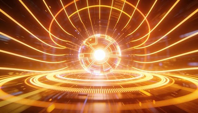 Futuristic pulsating energy core with neon hud rings and radial light trails, glowing orb