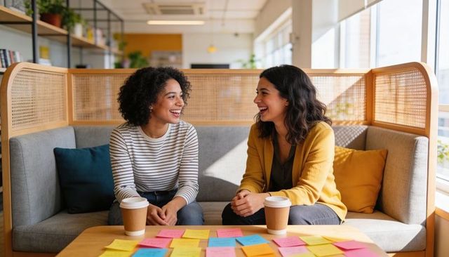 Two women laughing and brainstorming over coffee in coworking lounge with sticky notes
