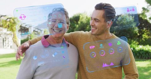 Father and Son Walking with Augmented Reality HUDs Showing Finance and Health Data