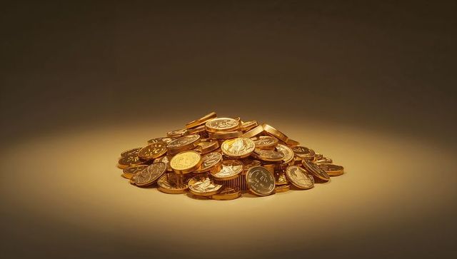 Glinting gold coin pile under spotlight on matte surface for wealth and finance