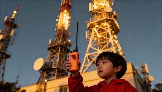 Child holding orange walkie-talkie on rooftop near illuminated telecom towers at sunset