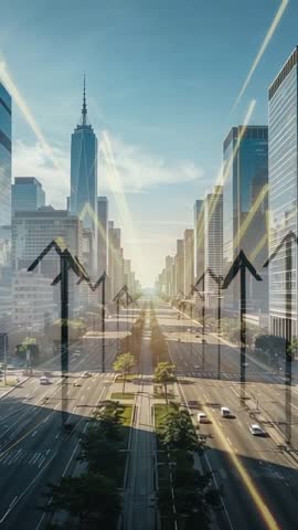 Vertical city skyline showcasing upward data arrows and modern business growth animation