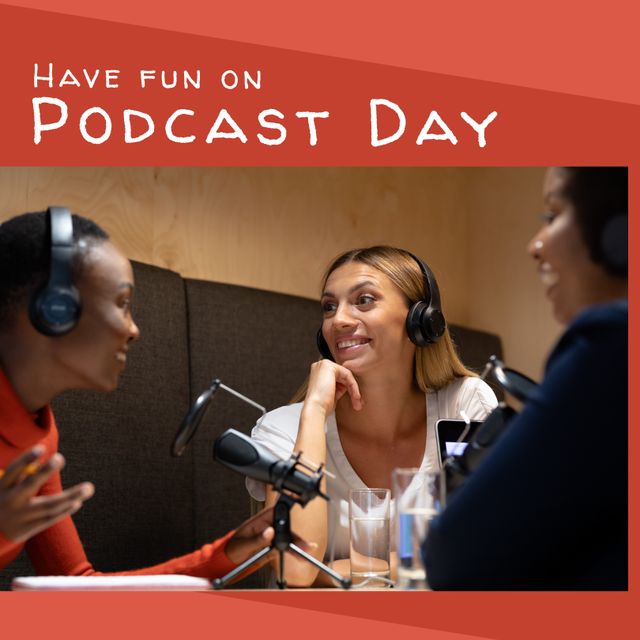 This image portrays diverse female podcasters engaging in a lively conversation while recording in a professional studio with the text 'Have Fun on Podcast Day'. Ideal for use in social media promotions, team collaboration posters, media production banners, or content celebrating podcasting events.