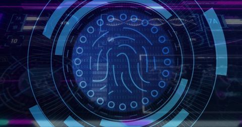 Rotating biometric fingerprint HUD with binary code, DNA and neon cybersecurity interface