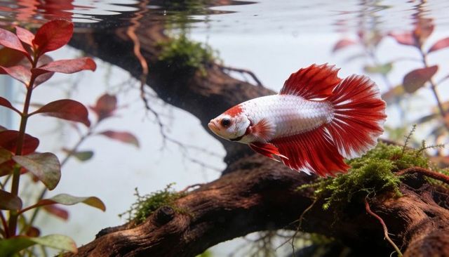 Swimming pearl white betta showcasing red flowing fins in planted aquascape closeup