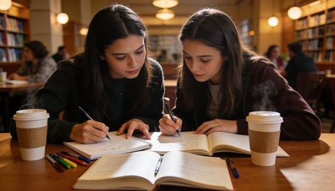 Female students studying together in library, collaborating with notebooks and coffee