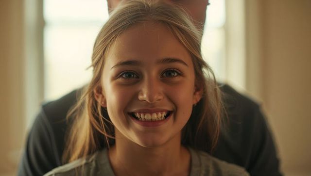 Smiling young girl portrait with parent silhouette backlit by bright window, warm candid