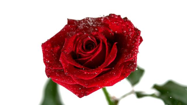 Close-up of a red rose with water droplets falling onto its petals. Perfect for romantic-themed designs, nature presentations, floral shops, or as a background image for greetings cards.