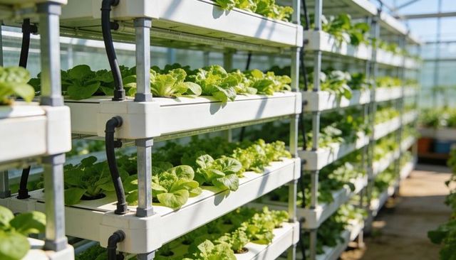 Tiered hydroponic lettuce racks in sunlit greenhouse with drip tubing and orderly rows