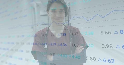 Female nurse standing in hospital corridor with financial charts overlay for healthcare analytics