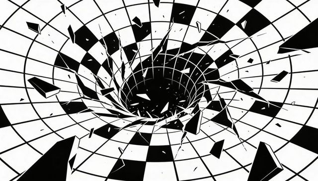 Spiraling checkerboard vortex pulling fractured tile shards into deep monochrome abyss