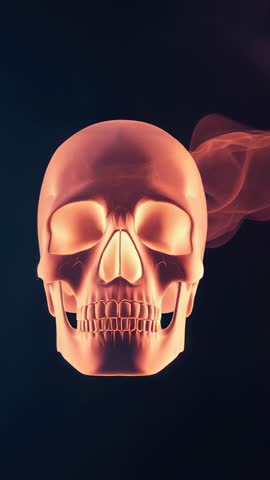 Vertical Video of Glowing Orange Skull Rotating with Ember Smoke for Futuristic Horror