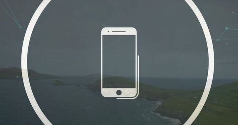 Minimalist smartphone icon overlaying muted coastal seascape with circular network ring