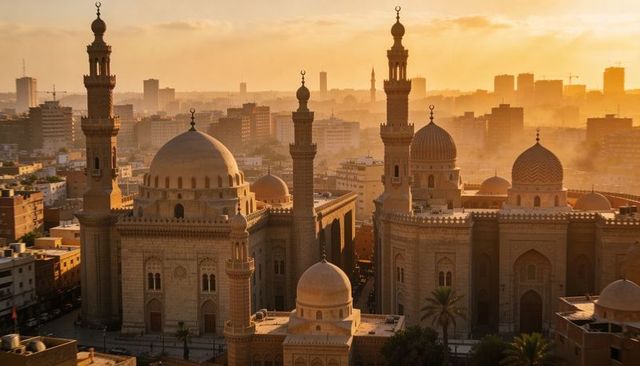 Basking mosque complex reflecting golden sunset over historic urban skyline