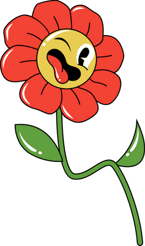 Winking Whimsical Flower Cartoon with Red Petals on Transparent Background