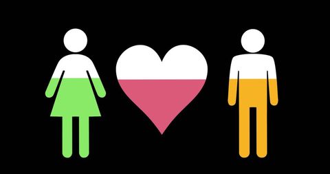 Conceptual heart and couple silhouettes with colors