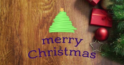 Rustic wooden table merry christmas greeting with green tree illustration and red gifts