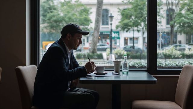 Man writing journal at window booth in urban cafe with coffee and bottle