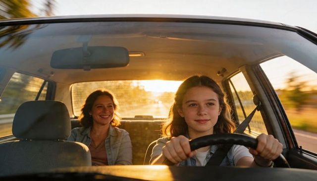 Teen driver practicing at golden hour with smiling mother in backseat, safe road trip moment