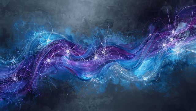 Flowing neon neural ribbon crossing dark field with luminous nodes and electric filaments