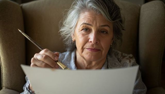 Senior woman painting in armchair holding paintbrush close-up portrait of creativity