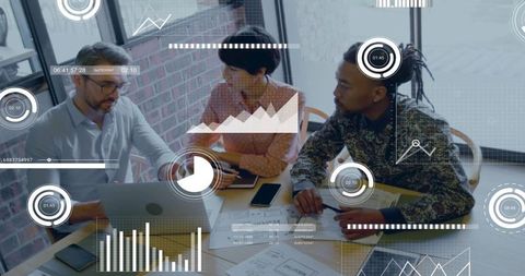 Collaborating team analyzing data with augmented HUD overlays in modern brick office