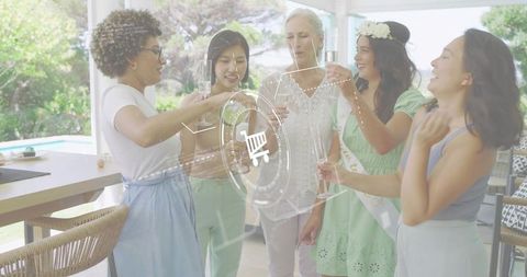 Bachelorette party toasting with champagne flutes and holographic shopping cart interface