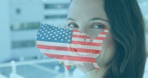 Creative double exposure usa map and smiling woman