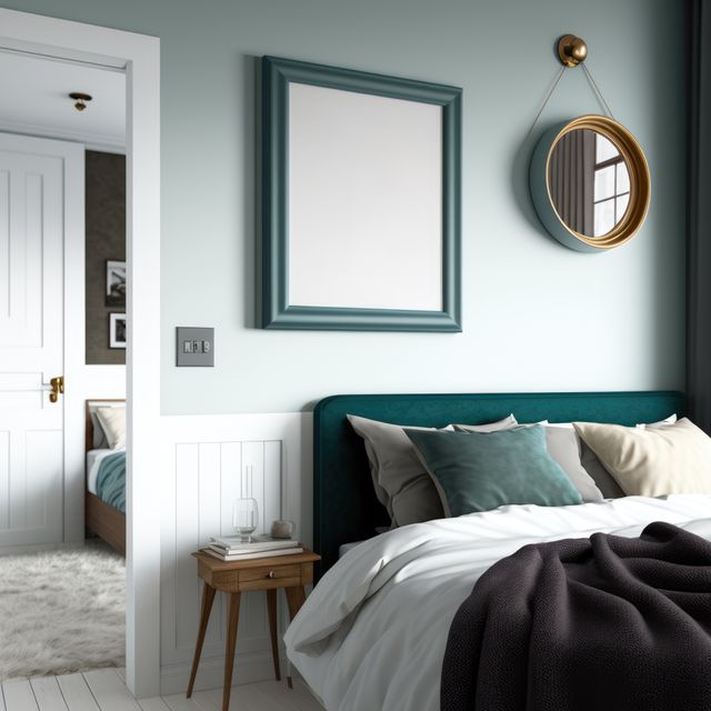 Bedroom with blank photoframe on wall with copy space, created using generative ai technology. House interior and photoframe concept digitally generated image.