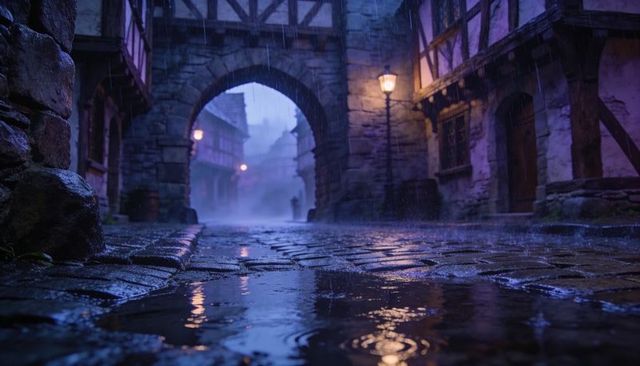 Misty medieval alleyway at night with lanterns glowing and rain reflecting on cobblestone