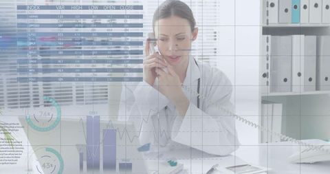Doctor Collaborating with Medical Data and Finances Overlay