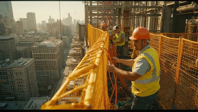 Construction crew organizing cables on rooftop in urban setting