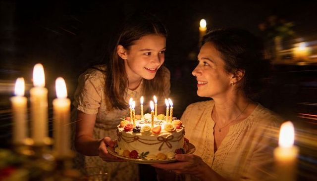Warm mother and daughter celebrating birthday by candlelight holding decorated cake at home