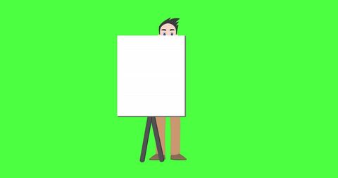 Illustrated man presenting on blank whiteboard with green screen background