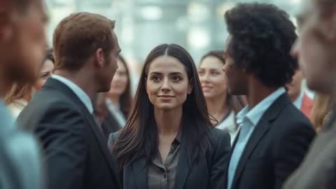 Middle Eastern Businesswoman Projecting Calm While Networking in Corporate Atrium