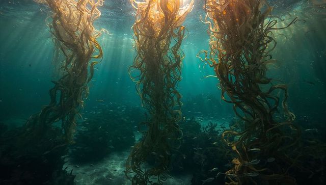 Sunbeams piercing kelp forest, giant kelp reaching toward surface, schooling fish