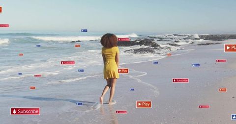 Woman walking on beach with social media icons overlaying shoreline representing online attention