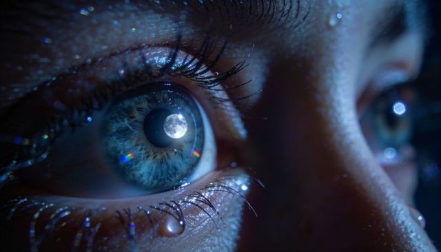 Moon reflecting in blue-green eye with tear, macro close-up of iris and pupil
