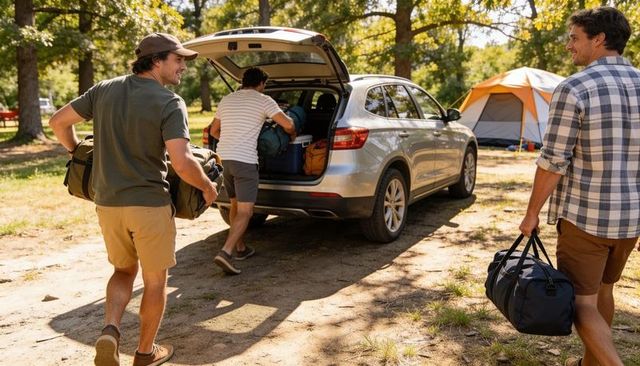 Friends loading camping gear into suv while preparing weekend forest camping trip