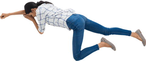 Woman lying logging fashionable denim plaid top transparent background