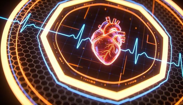 Holographic anatomical heart pulsing inside futuristic octagonal medical interface