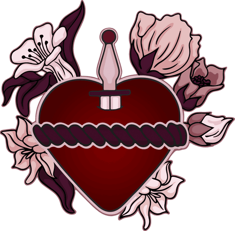 Romantic gothic heart with dagger and blossoms on transparent bg