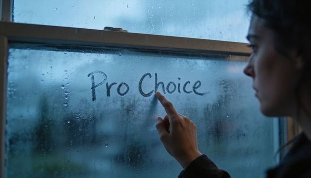 Woman tracing pro choice on fogged window during rainy evening contemplative activism