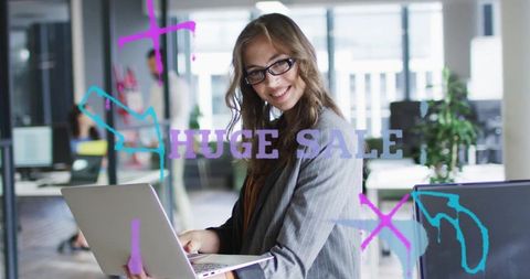 Businesswoman Promoting Huge Sale in Modern Office Environment