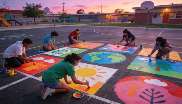 Teenagers painting colorful playground murals on school basketball court at sunset