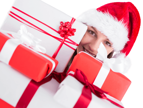 Smiling Woman in Santa Hat Holding Gift Boxes on Transparent Background
